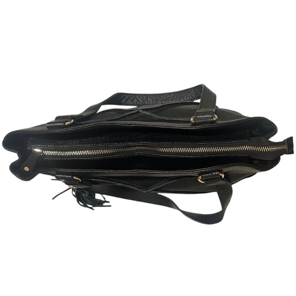 Nyla Noor Bohemian Soho Pebbled Leather Patchwork Seam Tassel Shoulder Bag Black - Picture 4 of 5